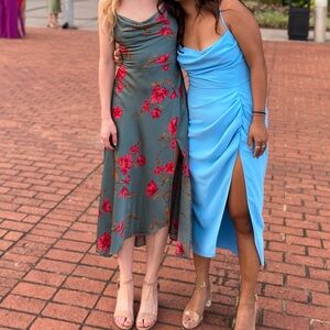 Astr Gaia midi dress teal w/ Floral Red accents